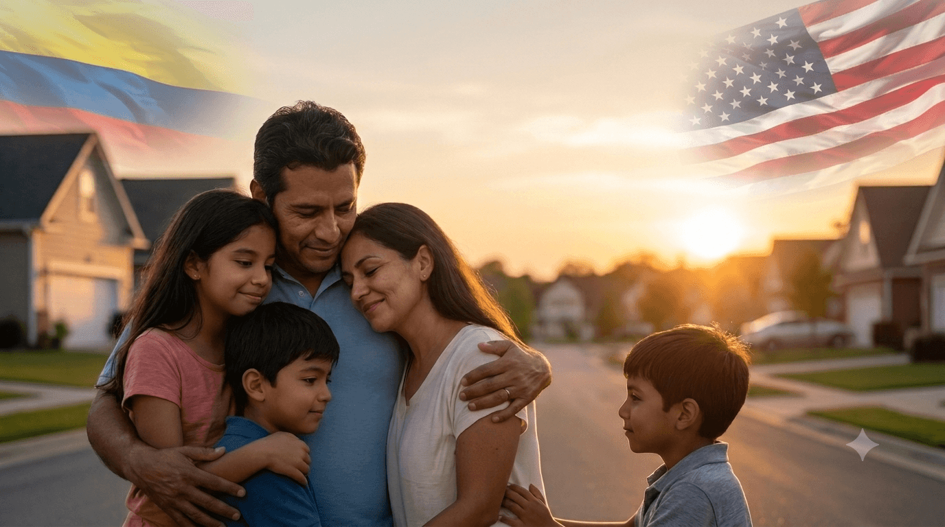 Familia colombiana unida en el exterior, al atardecer, con la bandera de Colombia